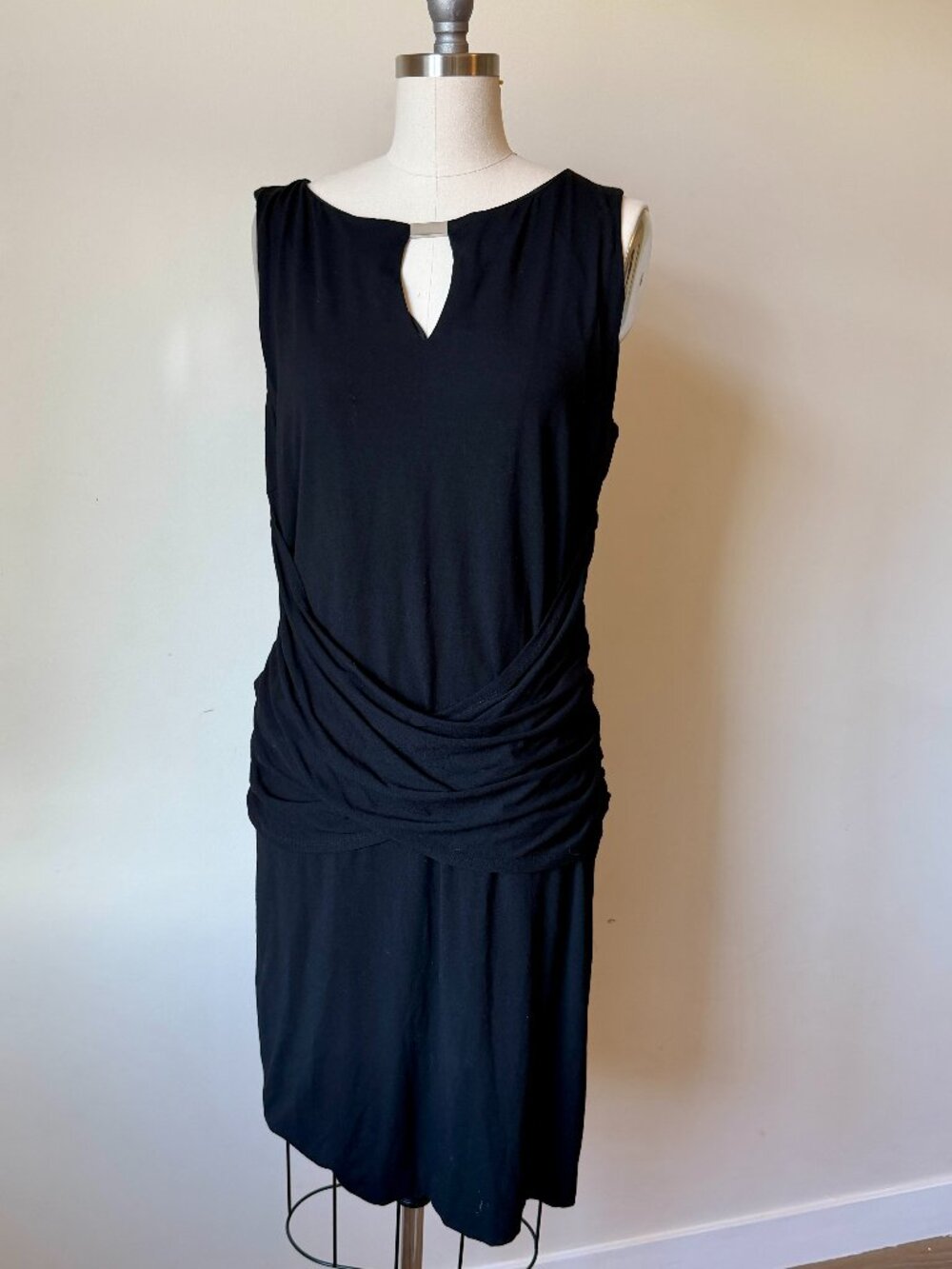 Cache Black Midi Dress XL | Ruched Keyhole Sleeveless | Cocktail Party | LBD